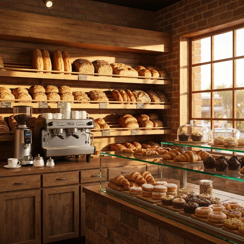 Interior of Ed's Beach Bakery with fresh bread on shelves and pastries in display cases