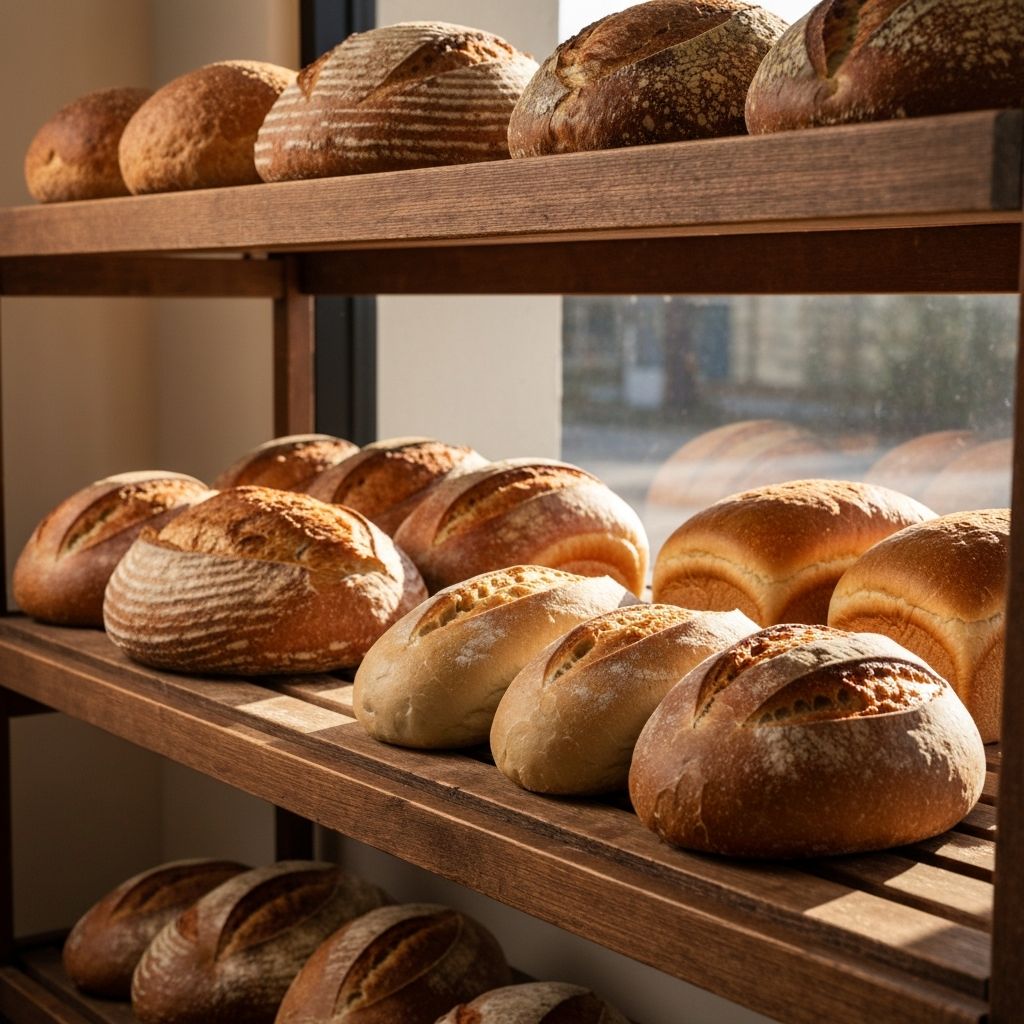 Fresh artisan bread loaves and rolls on a bakery shelf