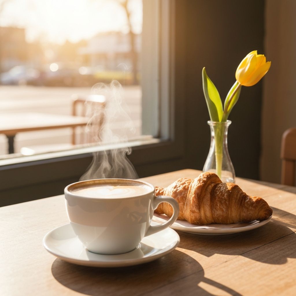 Hot flat white coffee in a ceramic cup next to a croissant on a cafe table