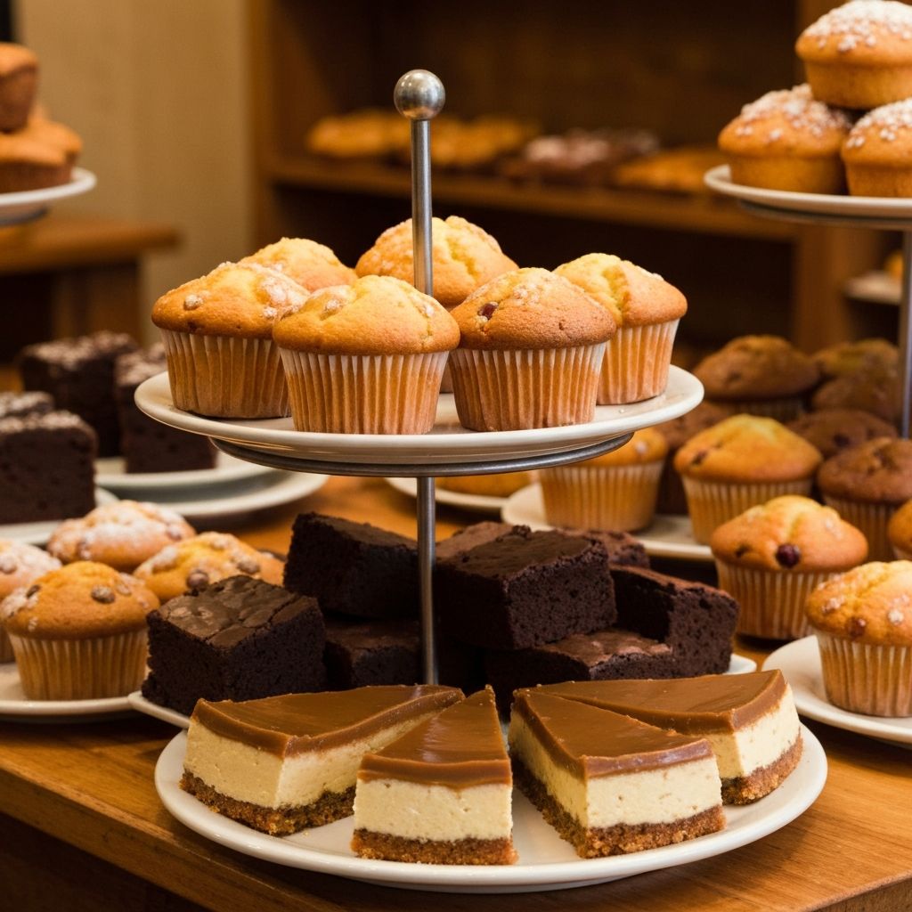Assortment of sweet pastries, muffins and slices on a display stand