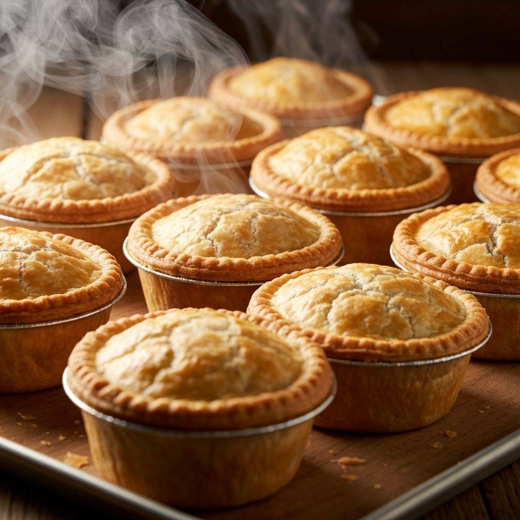 Golden award-winning meat pies fresh from the oven on a baking tray