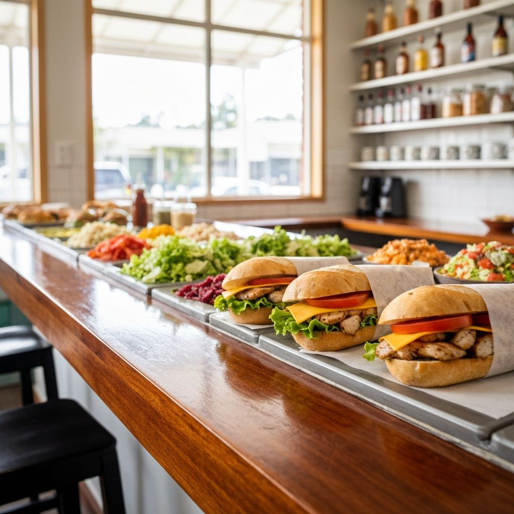 Fresh made-to-order sandwiches wrapped in paper on a wooden counter